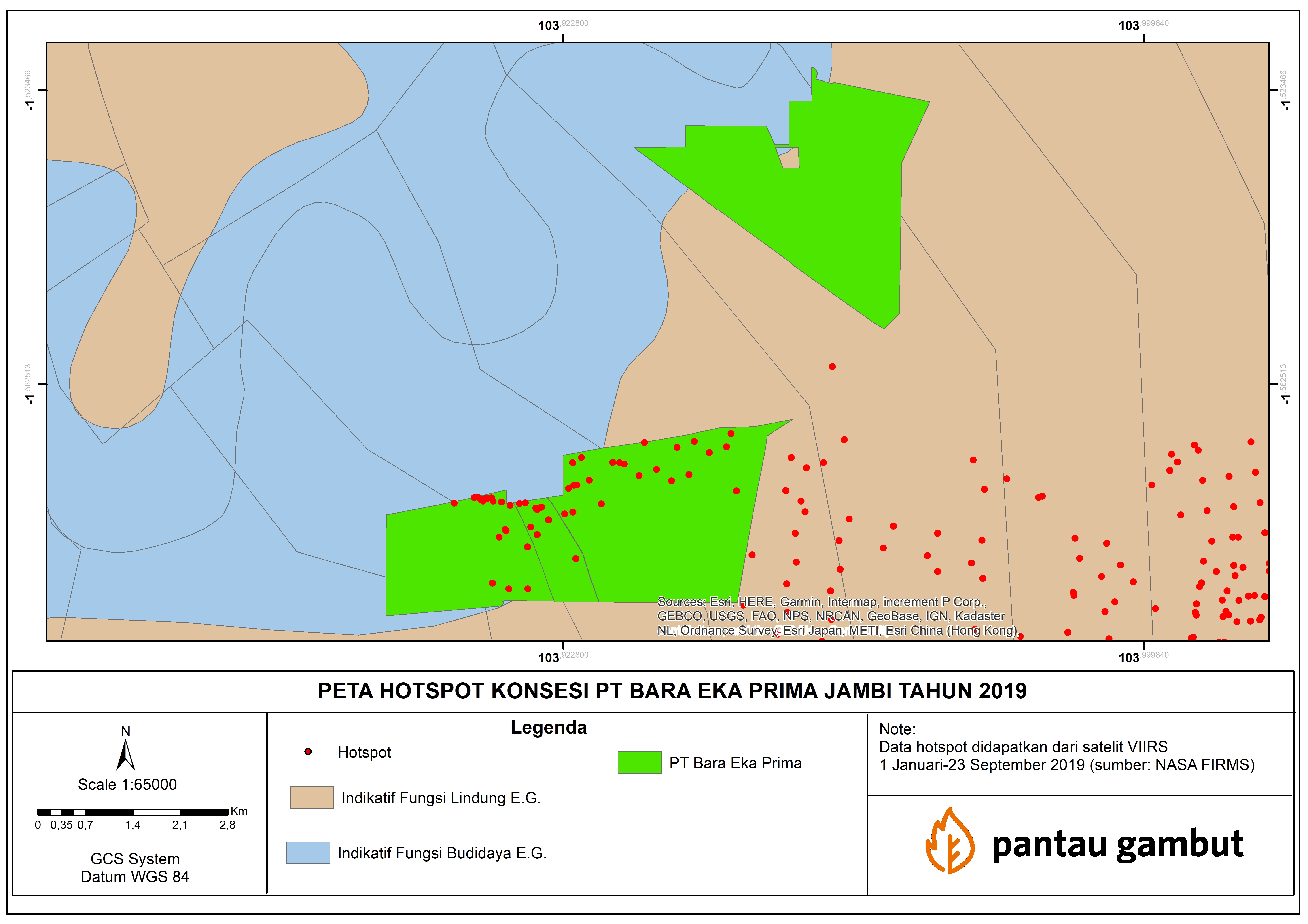 Sebaran titik panas PT Bara Eka Prima Periode 1 Januari - 23 September 2019 ©Pantau Gambut