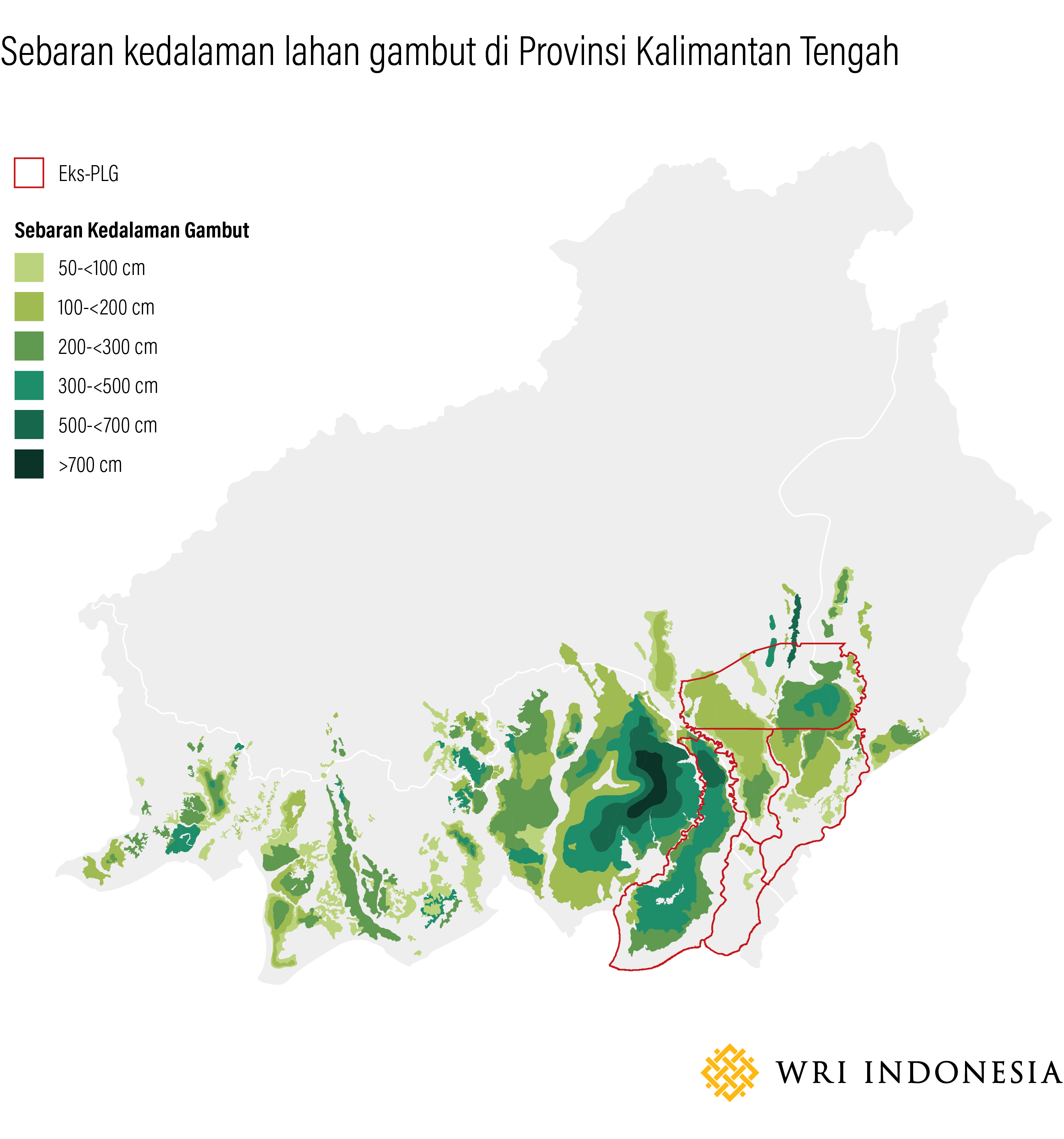 Sebaran kedalaman lahan gambut di Provinsi Kalimantan Tengah. Sumber: Balai Besar Sumber Daya Lahan Pertanian (BBSDLP, 2019)