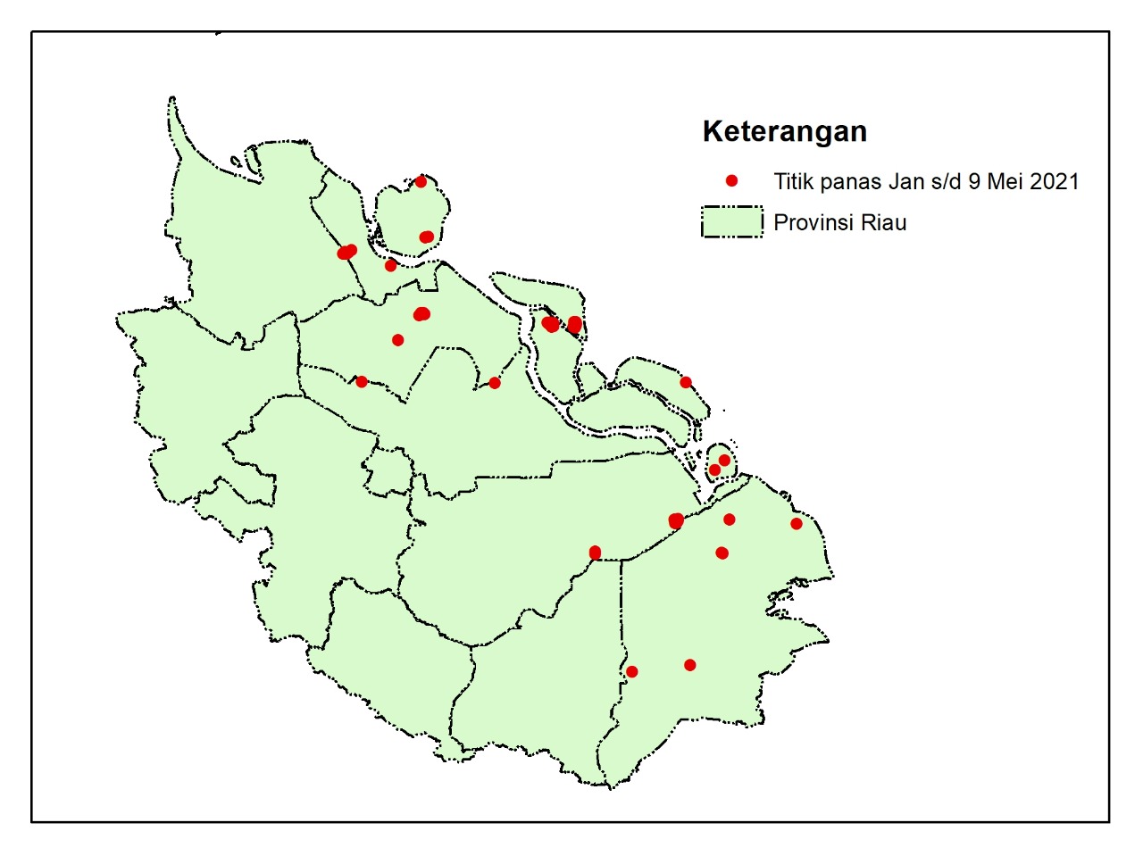 Peta sebaran titik panas di Provinsi Riau periode 1 Januari – 9 Mei 2021 ©KLHK