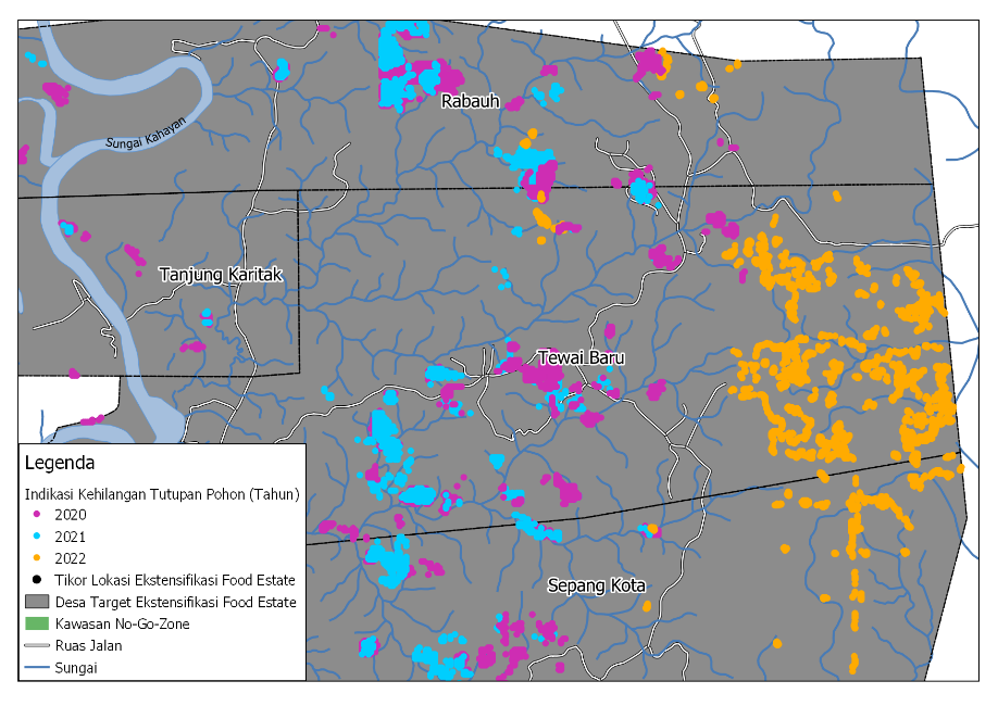 Gambar 3. Peta indikasi kehilangan tutupan pohon periode Januari 2020 - Maret 2022 di Desa Tewai Baru Kabupaten Gunung Mas