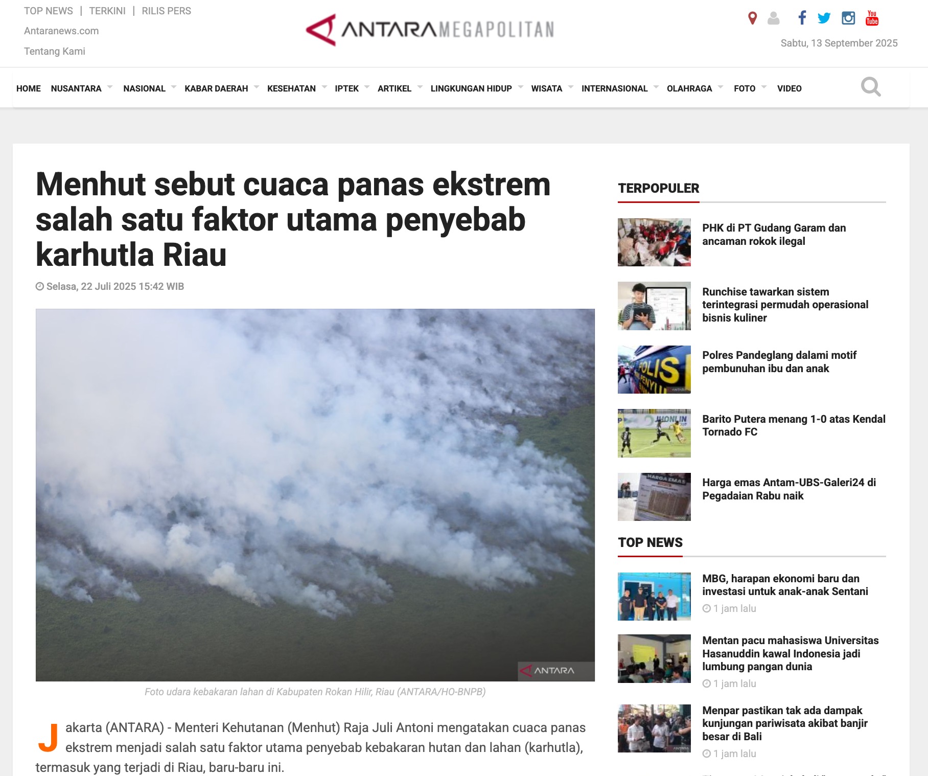 Potongan Berita Klaim Menteri Kehutanan Tentang Sumber Kebakaran Hutan dan Lahan (Karhutla)