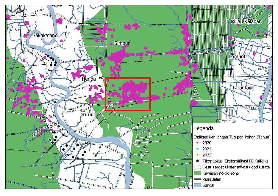 Gambar 1. Peta indikasi kehilangan tutupan pohon periode Januari 2020 - Maret 2022 di Desa Garung Kabupaten Pulang Pisau