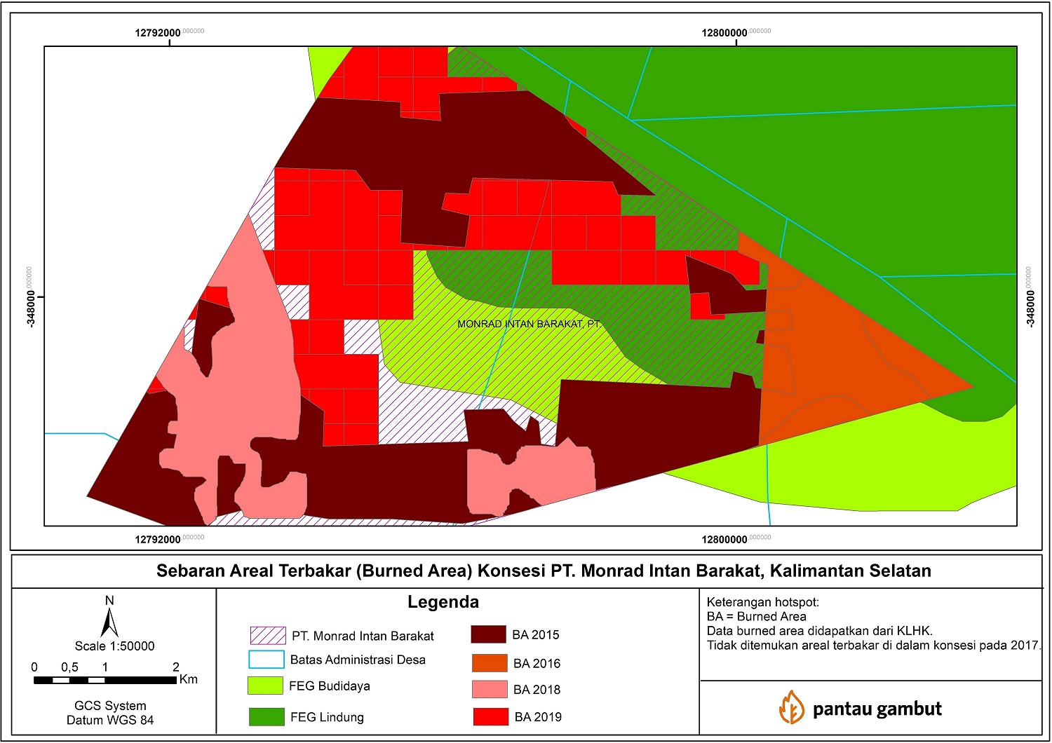 Distribution of burned area on concession area of PT Monrad Intan Barakat during 2015-2019 ©Pantau Gambut