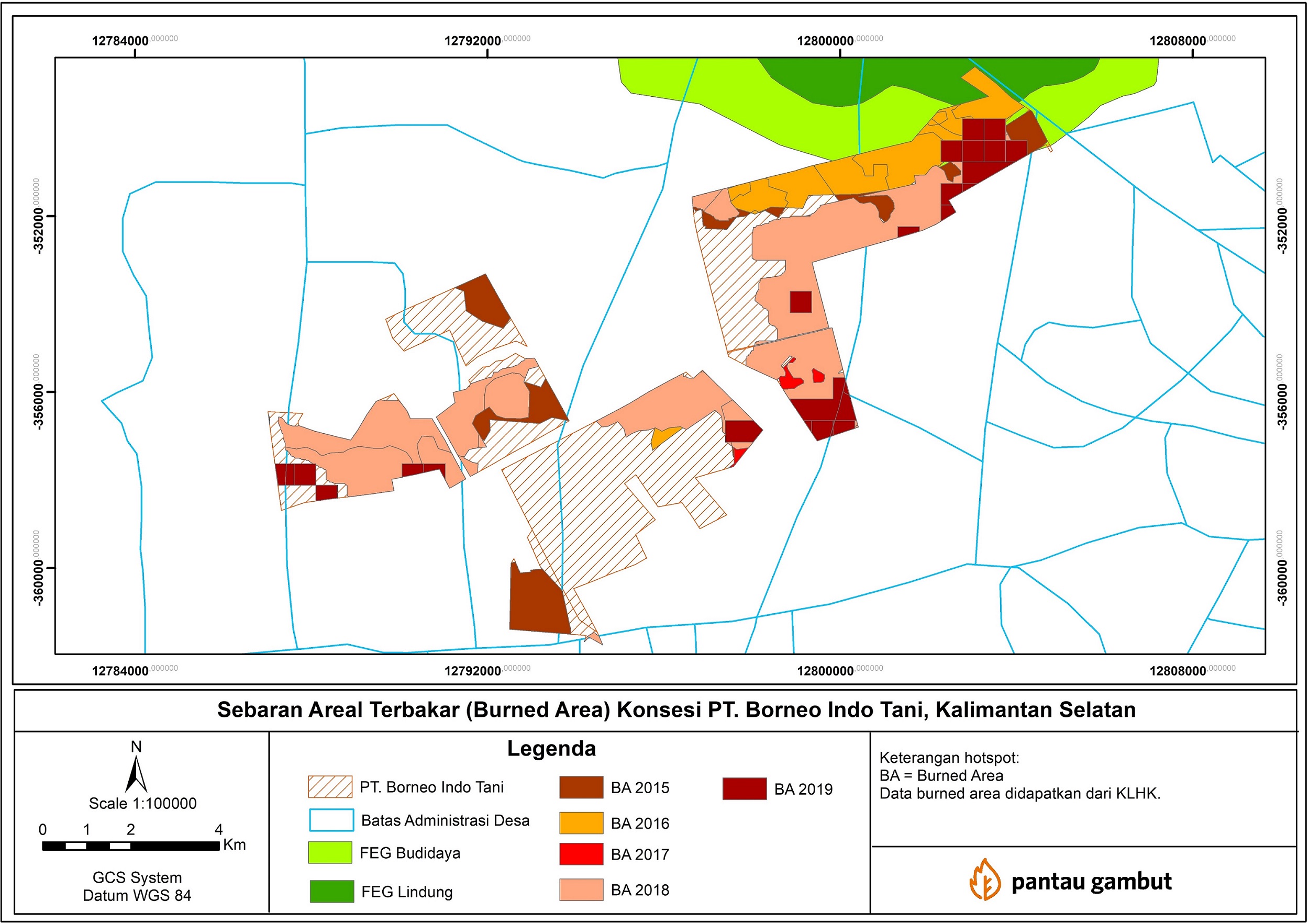 Distribution of burned area on concession area of PT Borneo Indo Tani during 2015-2019 ©Pantau Gambut