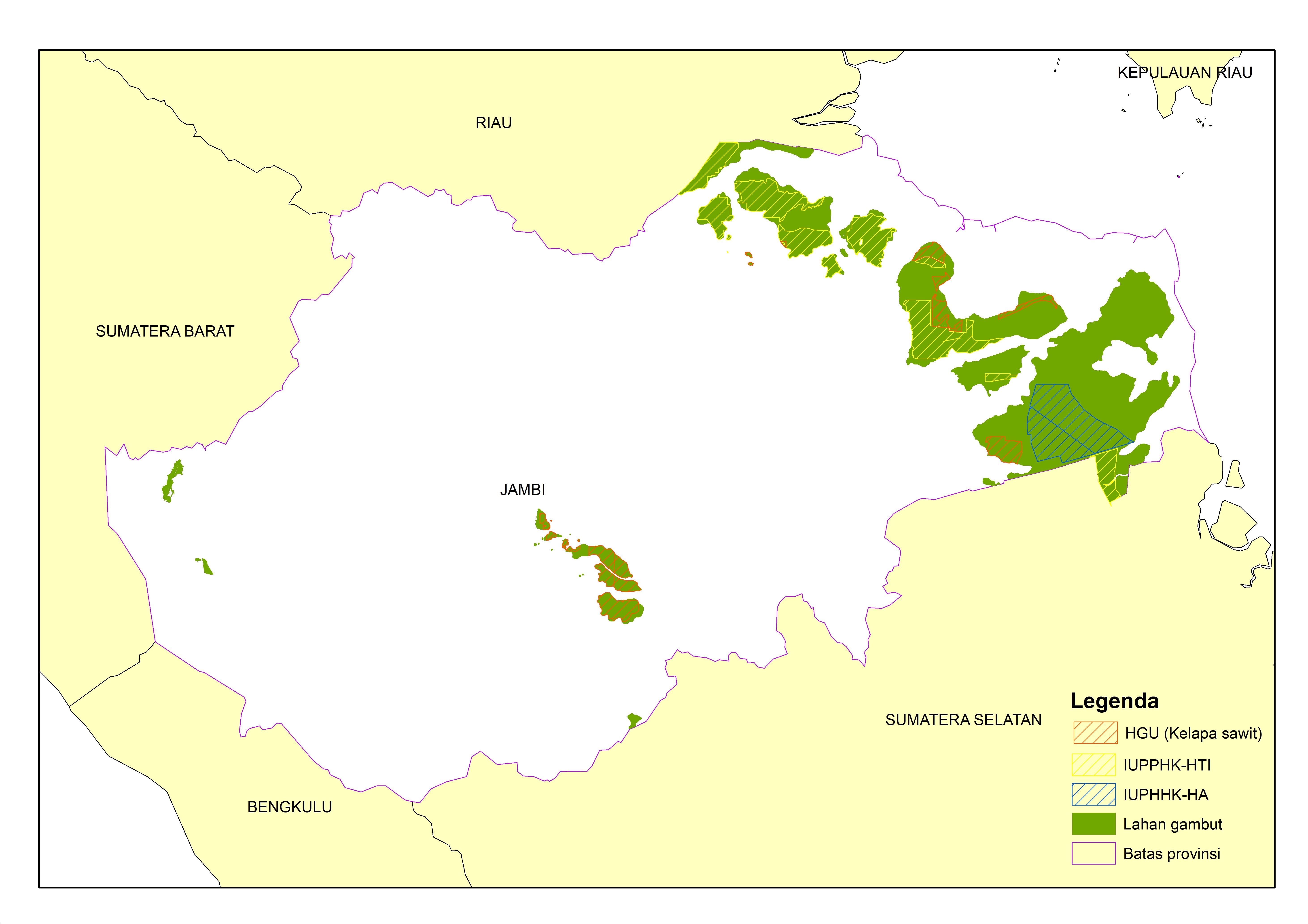 Peta izin konsesi area gambut di Jambi. Adapun 70 persen dari keseluruhan lahan gambut di Jambi terdapat izin konsesi ©Pantau Gambut